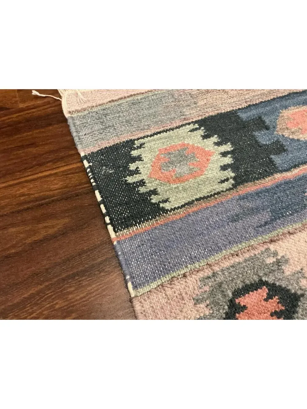 Vintage Handwoven Kilim Southwestern Style Small Wool Area Rug with Fringe